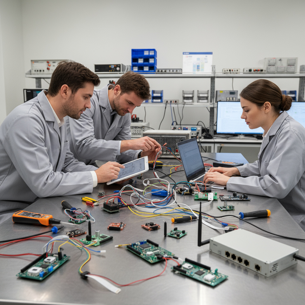 Engineers configuring IoT sensors and a gateway in a lab