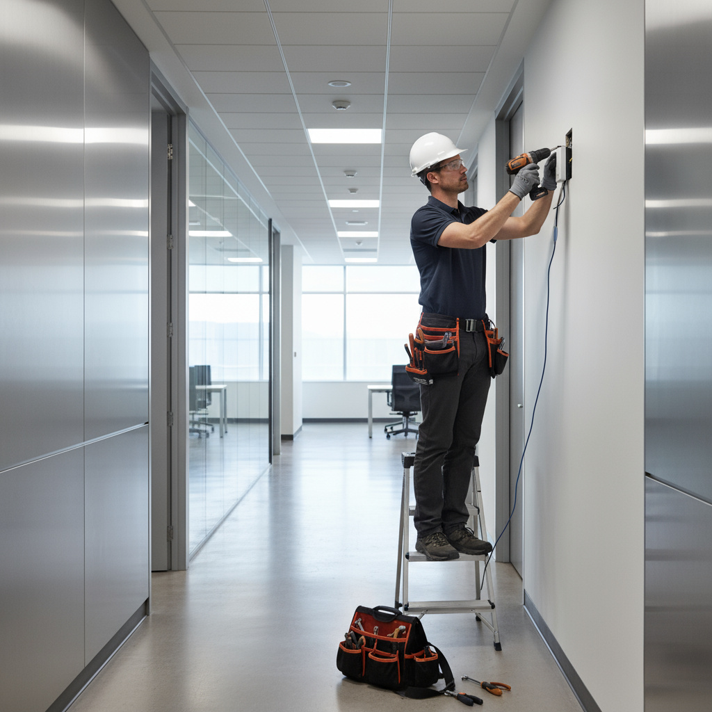 Technician installing a compact sensor in a commercial building