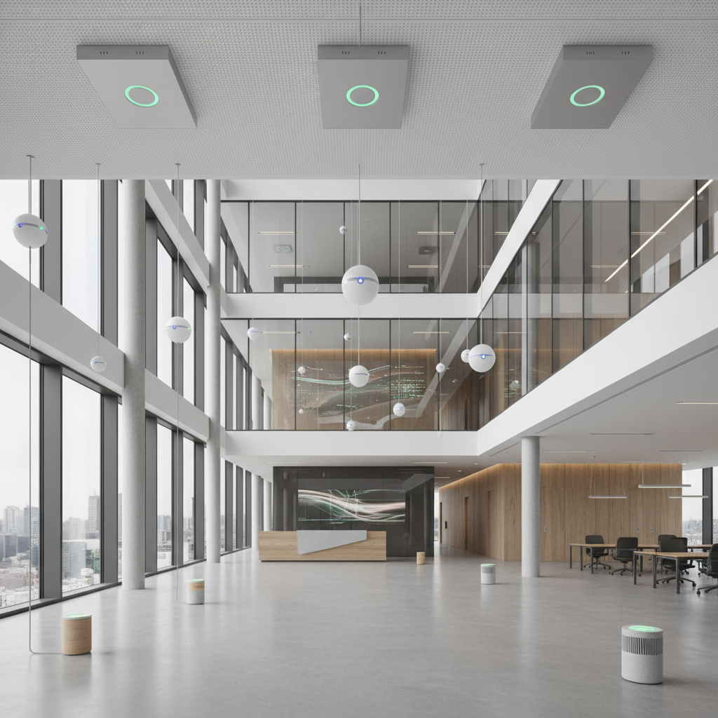 Modern office with discreet environmental sensors and gateways