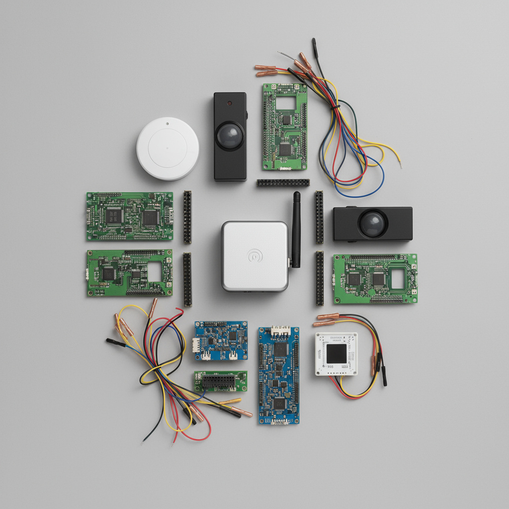 Collage of IoT sensors, gateway, and PCB prototypes